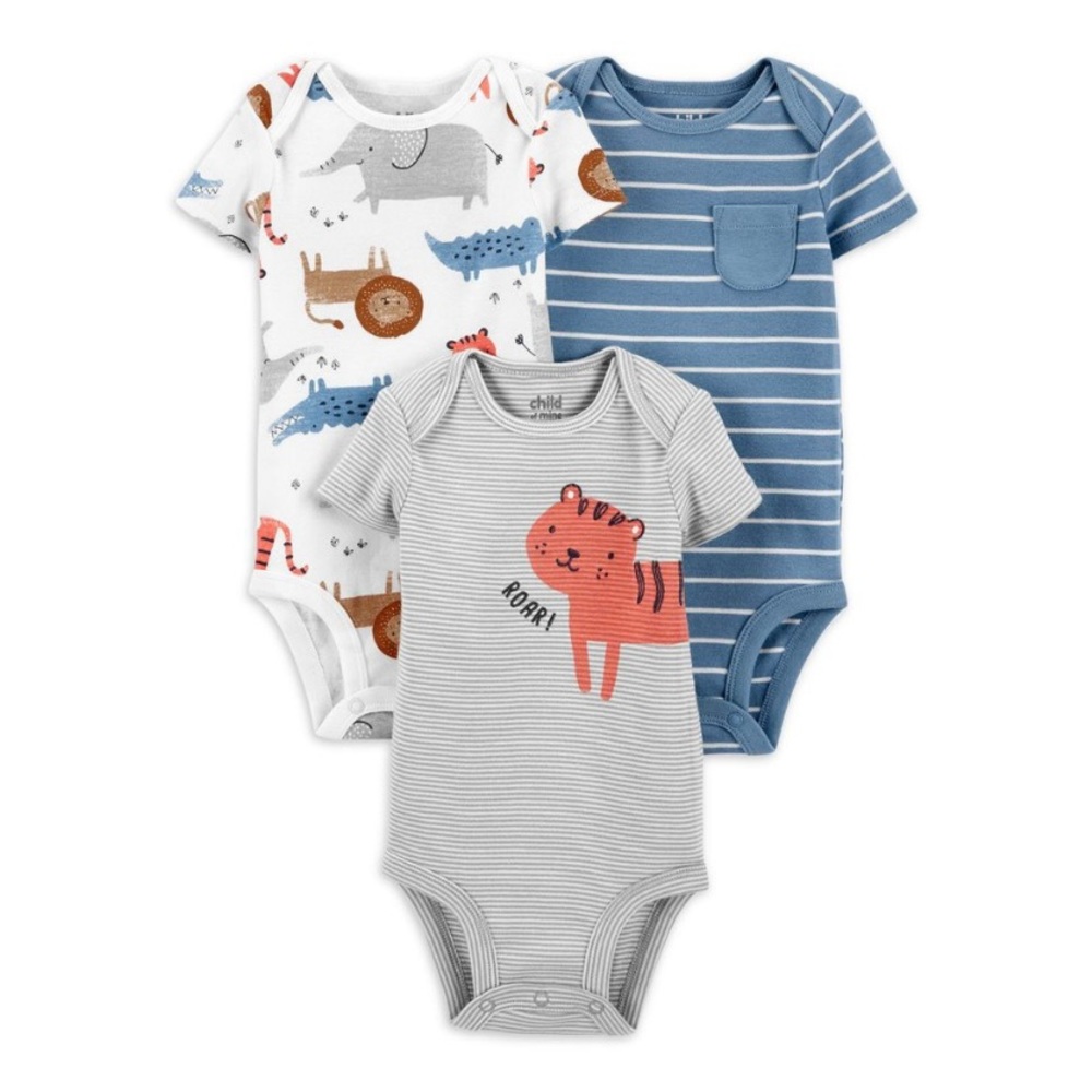 NWOT Carter’s 3-Pack Baby Bodysuits- Lion, Jungle Animals/ Blue Stripe (NB)